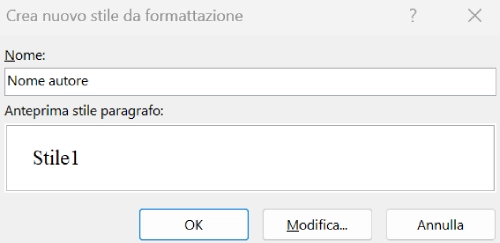Screen da Word con la schermata di creazione di uno stile di paragrafo.