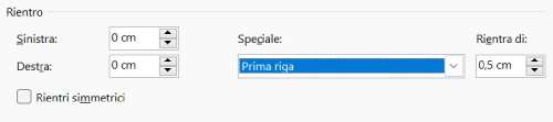 Screen da Word con le impostazioni di rientro di prima riga.
