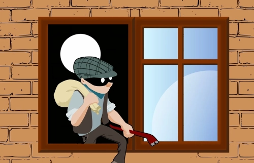 Illustrazione di un ladro che esce dalla finestra di un appartamento con la refurtiva in mano.