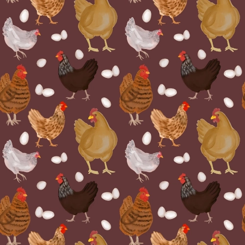 Illustrazione di galline di diverse razze e di uova.