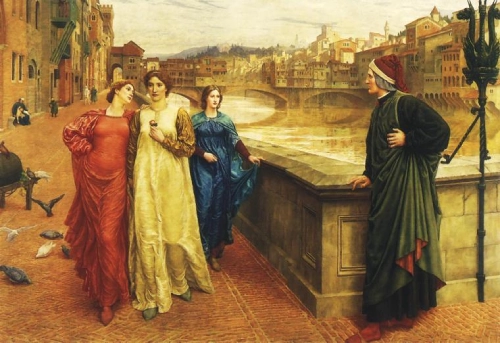 Dipinto che ritrae Dante mentre incontra Beatrice e altre due donne a Firenze.