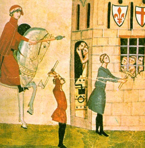Dipinto medievale che ritrae una scorribanda capeggiata da Corso Donati.