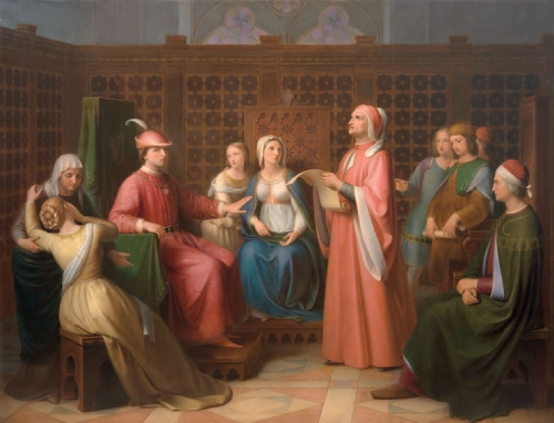 Dipinto che ritrae Dante mentre legge la Divina Commedia davanti a un piccolo pubblico in una stanza.