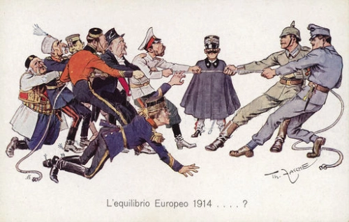 Cartolina propagandistica della Prima Guerra Mondiale, che raffigura le caricature delle potenze europee che vogliono attirare a sé l'Italia.