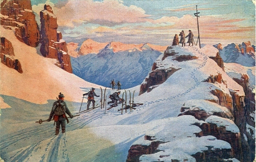 Cartolina della Prima guerra mondiale che raffigura soldati sugli sci in alta montagna.