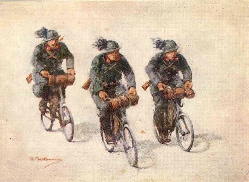 Cartolina della Prima guerra mondiale che raffigura tre bersaglieri in bicicletta.