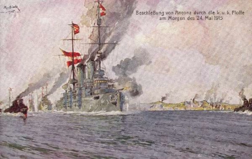 Cartolina austriaca che mostra una nave mentre bombarda la città di Ancona.